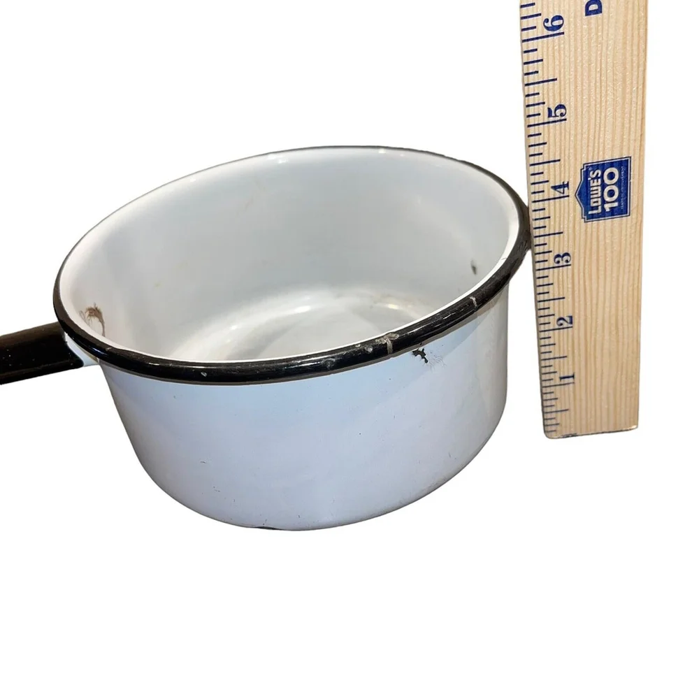 Vintage Enamelware White & Blue Small Sauce Pot With Lid For Decoration Only GUC